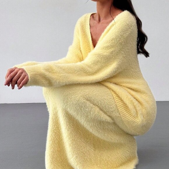 Yellow Casual Womens Oversized Long Sleeve Cardigan and Sweater Maxi Skirt set - Picture 3 of 10